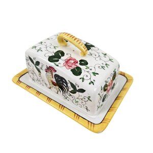 Hand Painted Ceramic Cheese Dish Lid Rooster Roses Design Japan Wedge UCAGCO